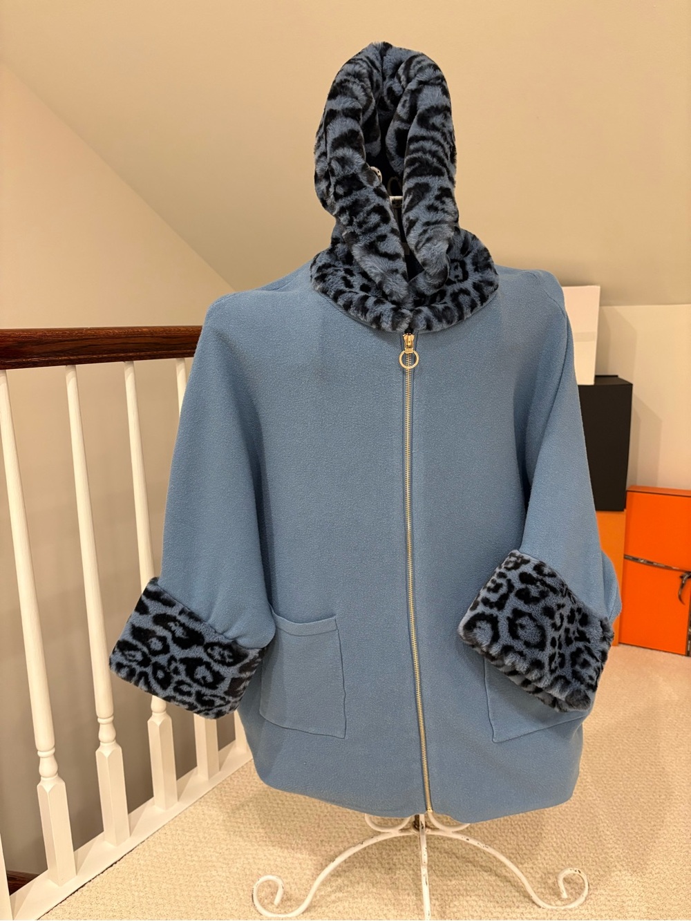 Blue Hooded Cape with Leopard-Print Faux Fur Trim